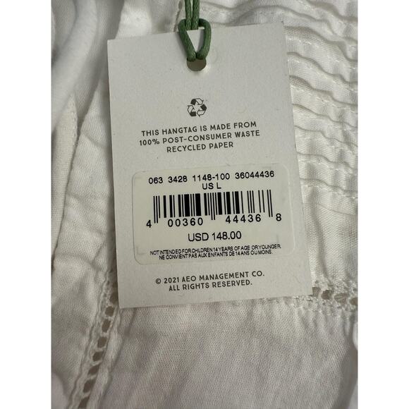 AE77 American Eagle Blouse Women's Sz L White Boho Peasant Tie Neck Eyelet NWT - Picture 4 of 6